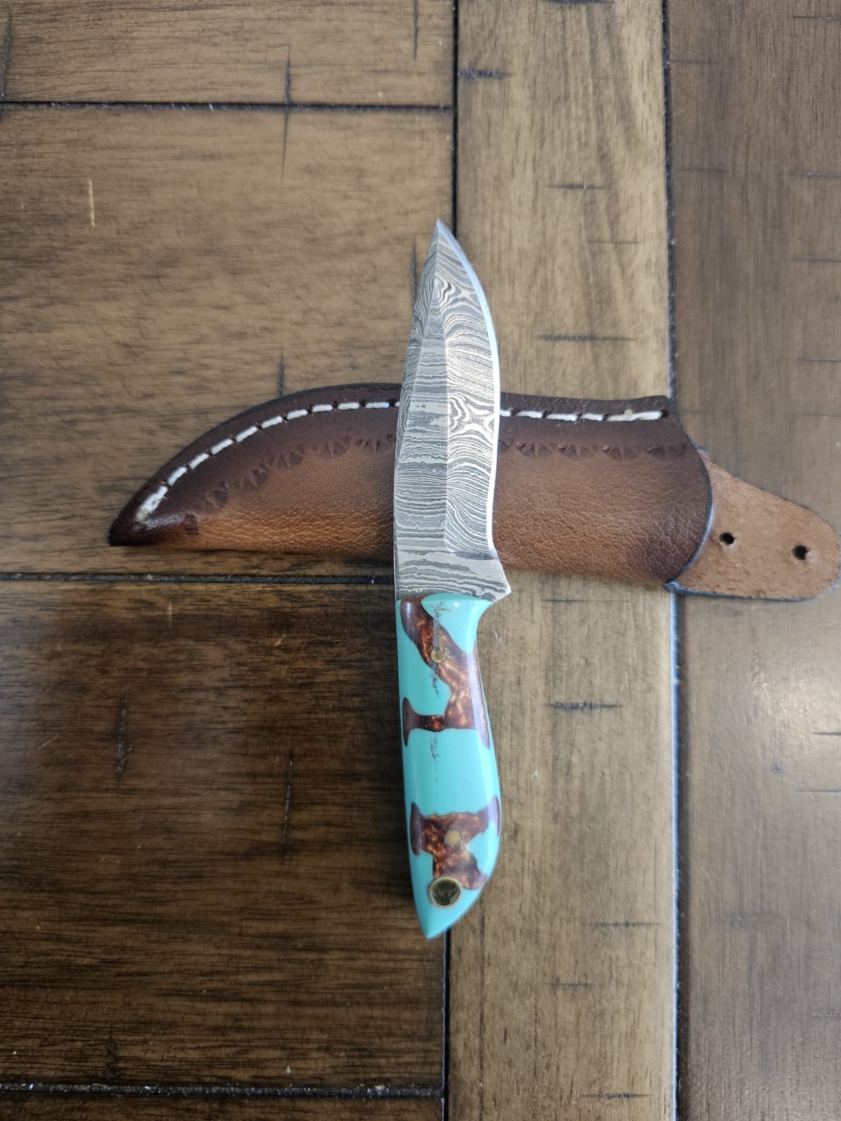 5.5″CUSTOM HANDMADE DAMASCUS HANDLE NECK KNIFE W/LEATHER SHEATH 52