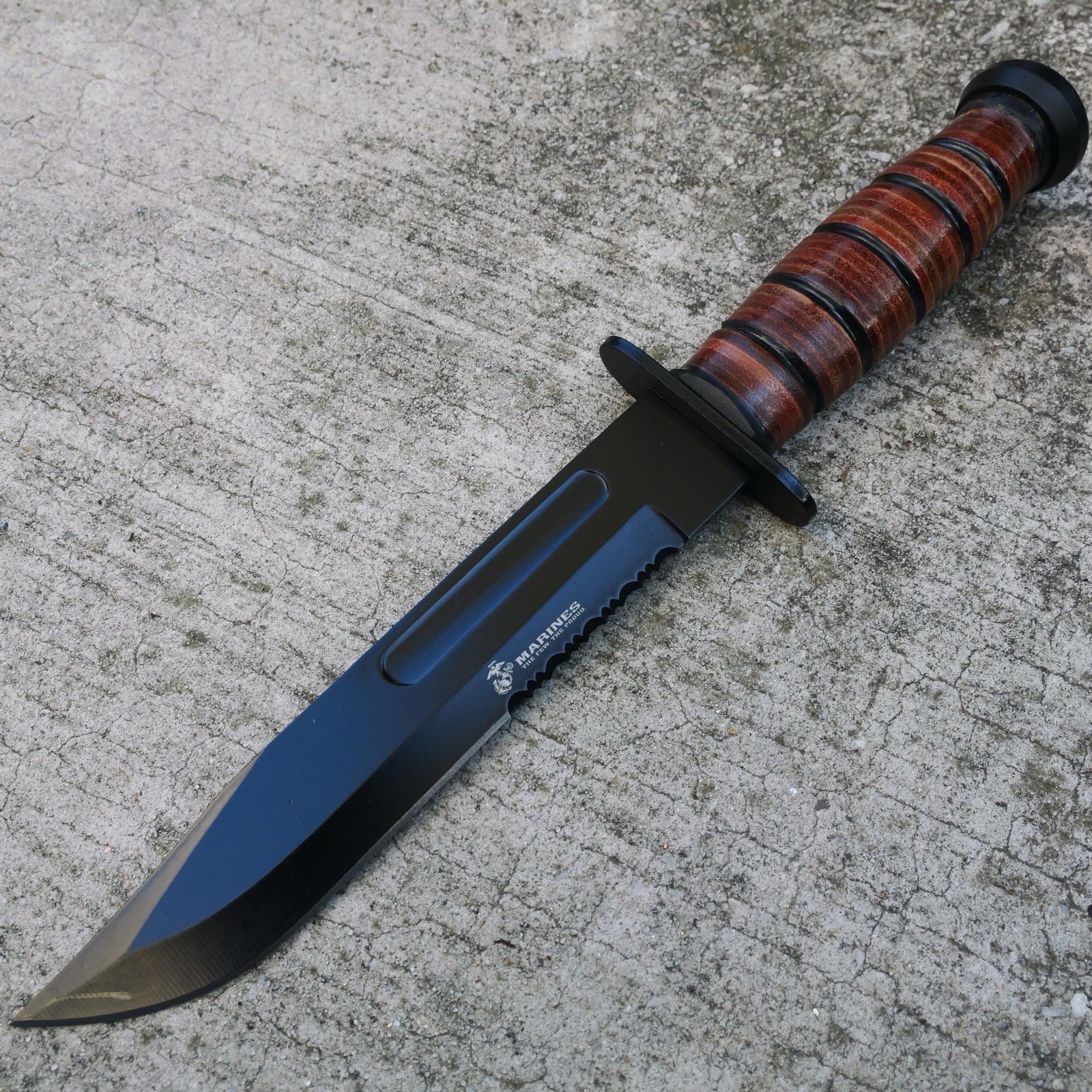 12” USMC Licensed Marines Military KBAR Knife With Leather Handle And Sheath