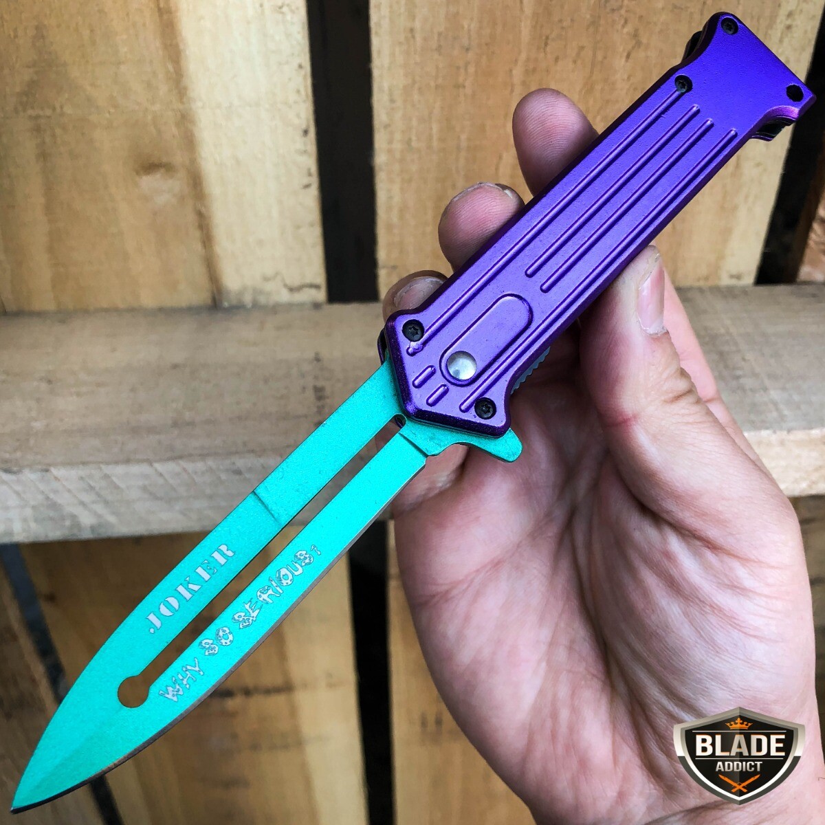 8″ JOKER Spring Assisted STILETTO Folding Pocket Knife Blade Batman Dark Knight