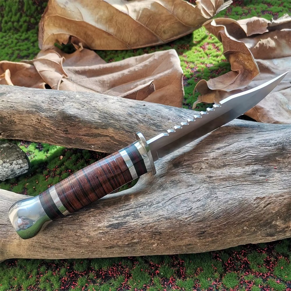 Tactical USMC Marines Style Combat Knife | 8Cr15MoV Blade | Wood Handle + Sheath