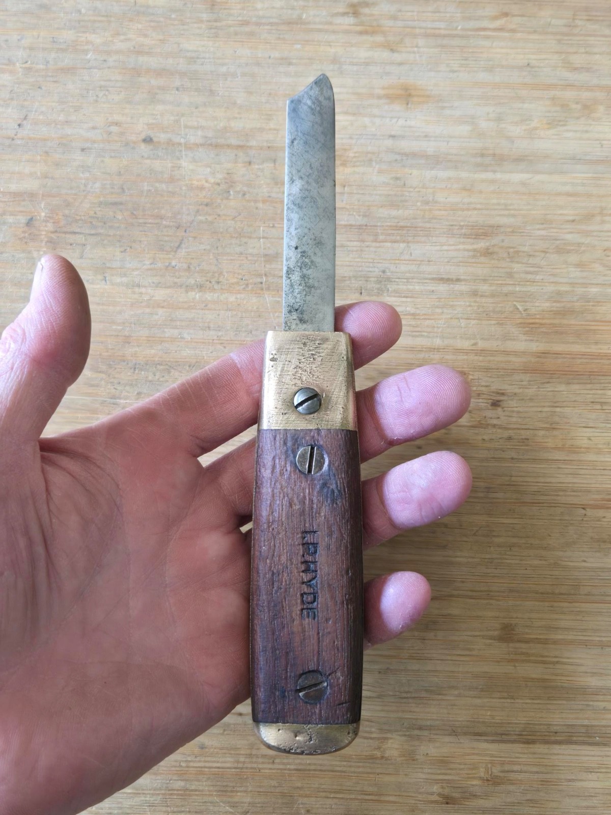 Antique I P HYDE Wood & Brass Mill Knife * Collectable Mill Knife*