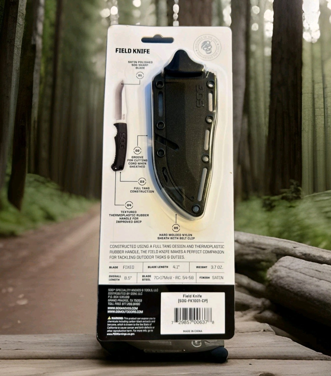 SOG Field Fixed Blade Knife 7Cr17MoV Steel Full Tang w/ Sheath Black TPR 4″