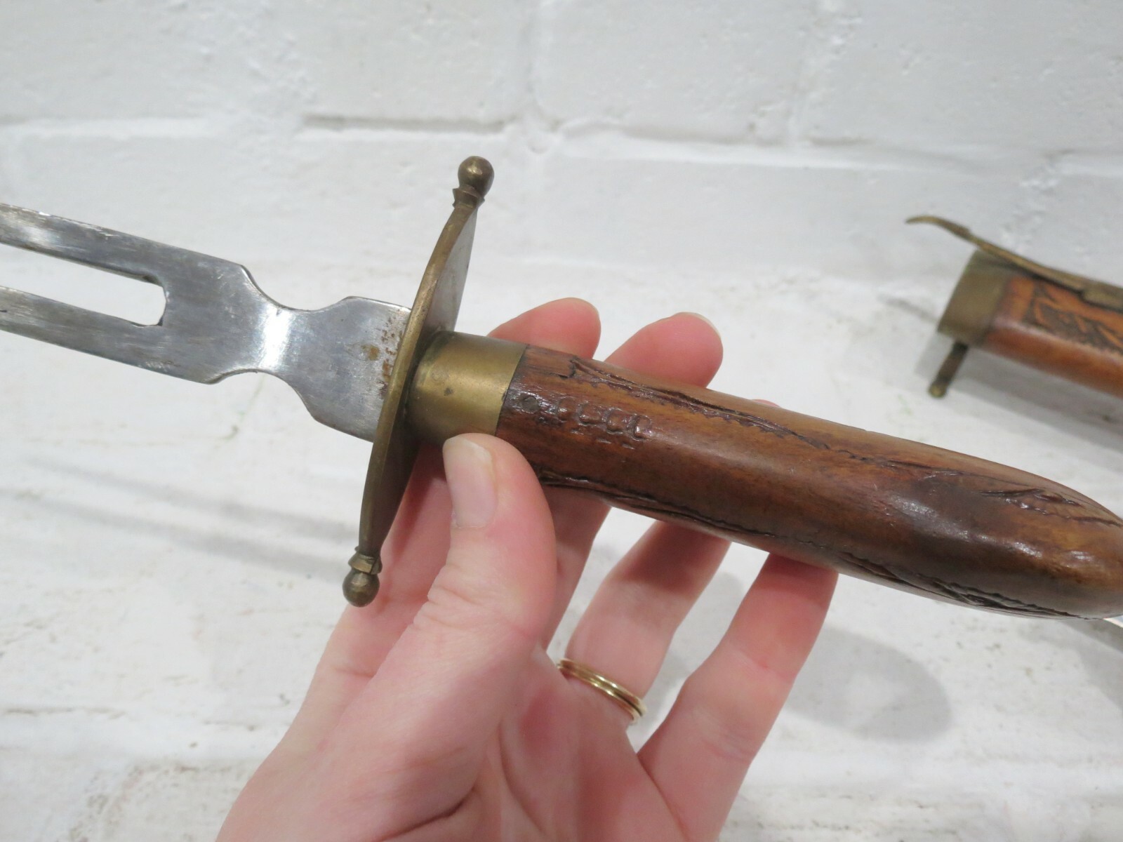 Vintage Carving Knife and Fork w/ Wooden Sheath India Brass Ornate Utensils Set