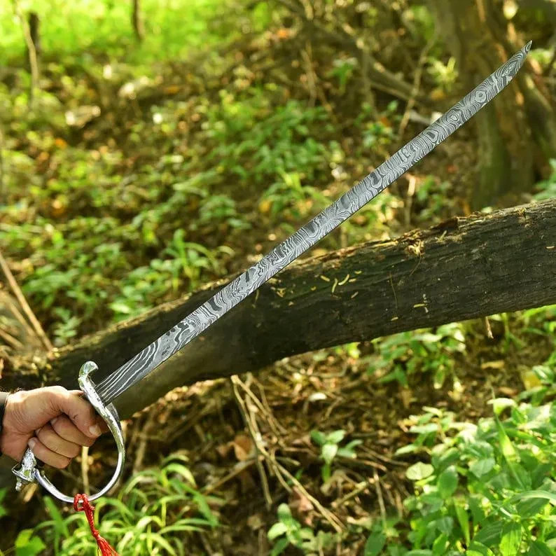 Handmade Damascus Steel Cutlass Viking Sword Wood Scabbard Cosplay Gift For All