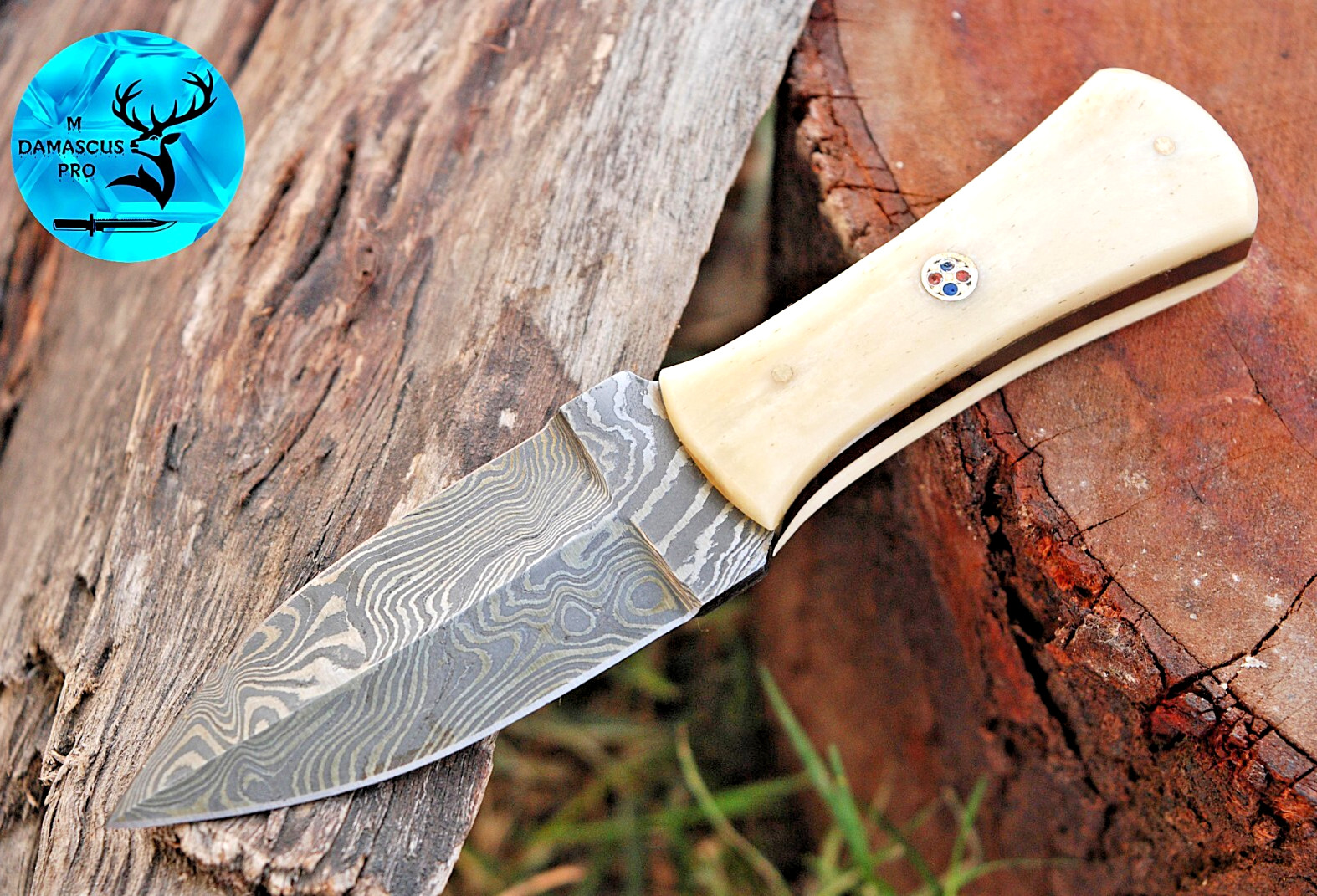 CUSTOM MADE FORGED DAMASCUS STEEL THROWING BOOT KNIFE CAMEL BONE HANDLE 868