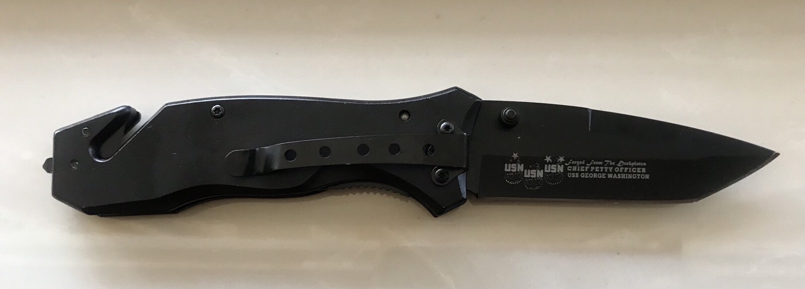 United States Military USN Black Blade Knife w/Belt Clip