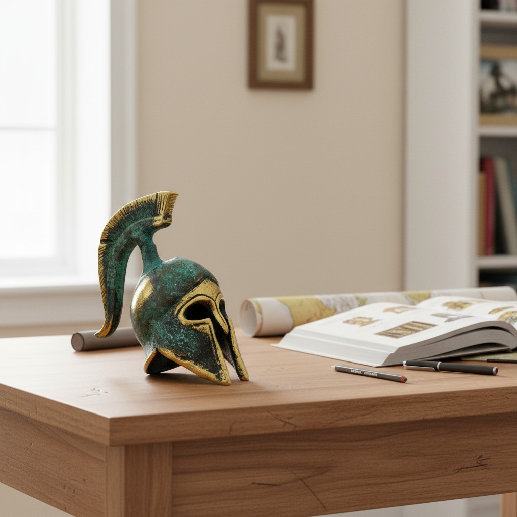 Historic Bronze Spartan Helmet Replica – Handcrafted with Oxidized Green Gold