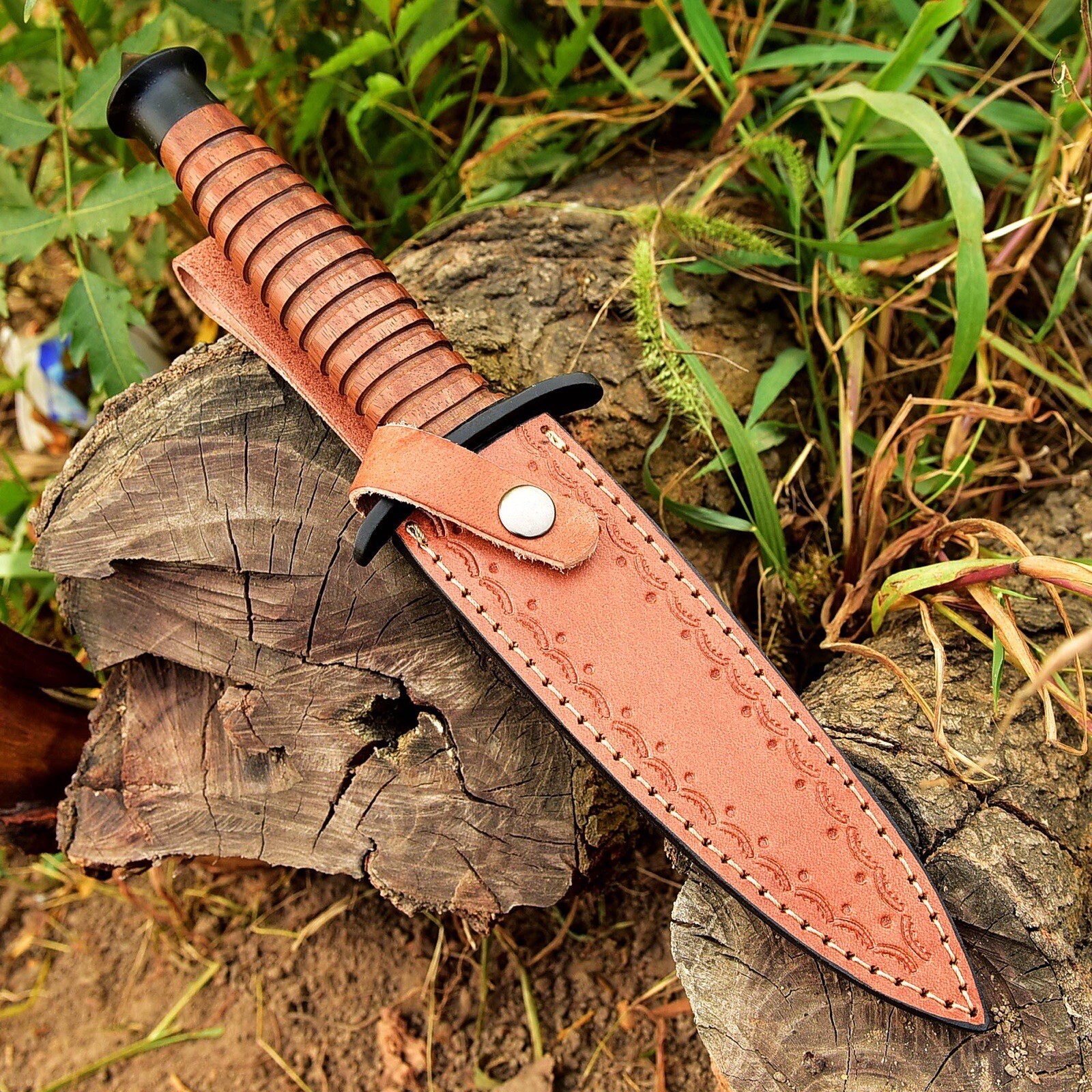 Vintage Handmade Double-Edged V42 Military Stacked Wood Stiletto Dagger Knife