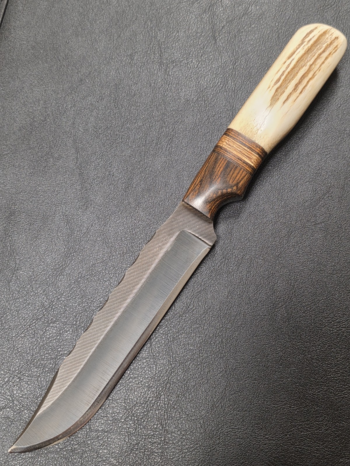 Anza Knives, Blued File Steel, Elk Handle, 5.5″ Clip Point, File Work, Unused