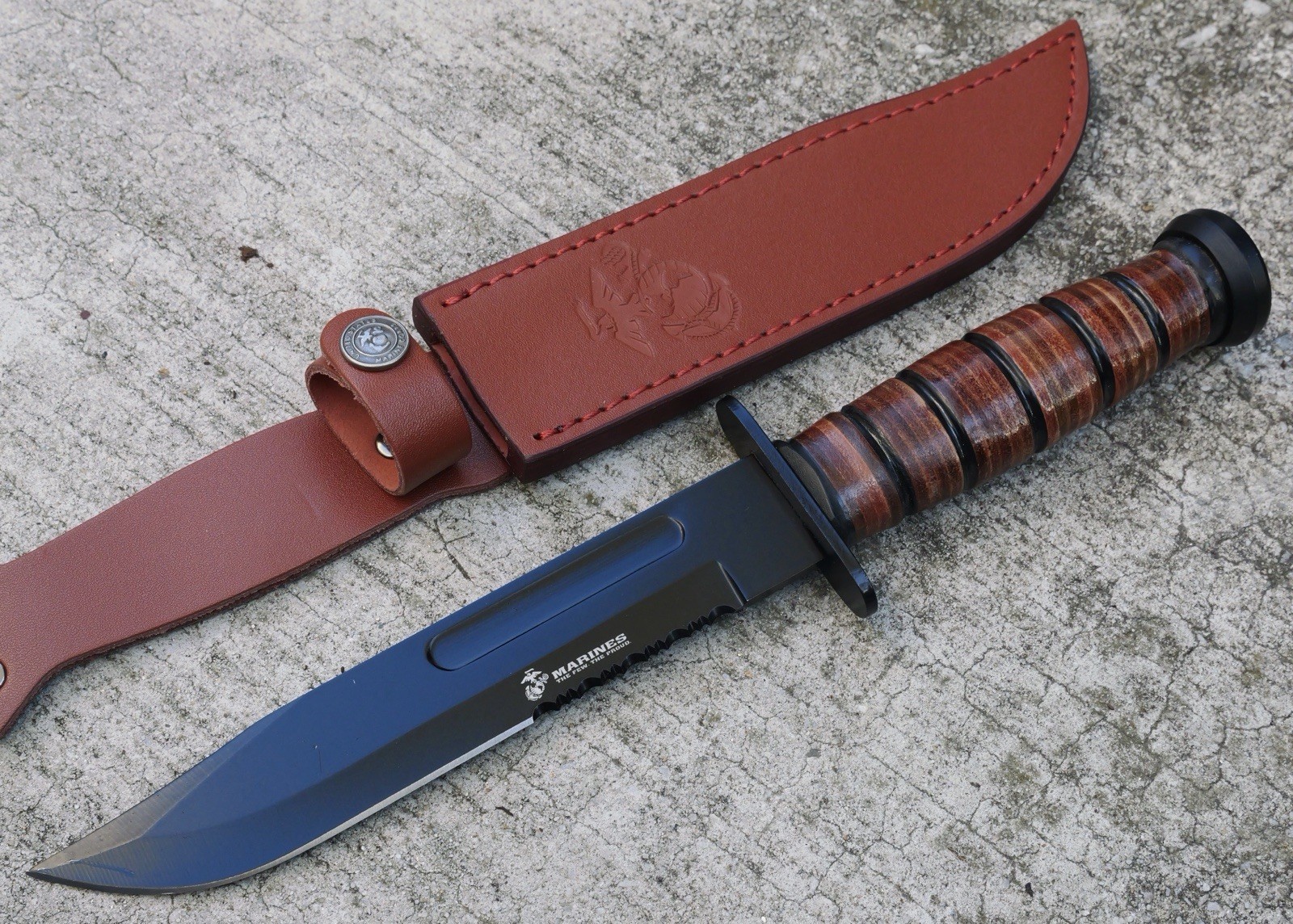 12” USMC Kbar Knife Combat Classic Us Marines Bowie Leather Handle Sheath