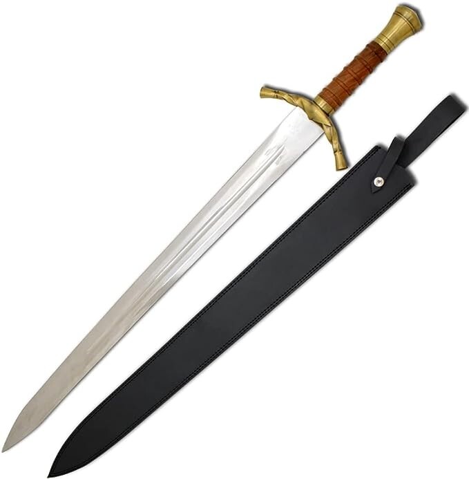 40″ Medieval Warrior Brass Pommel Long Sharp Edge Sword with Leather Scabbard