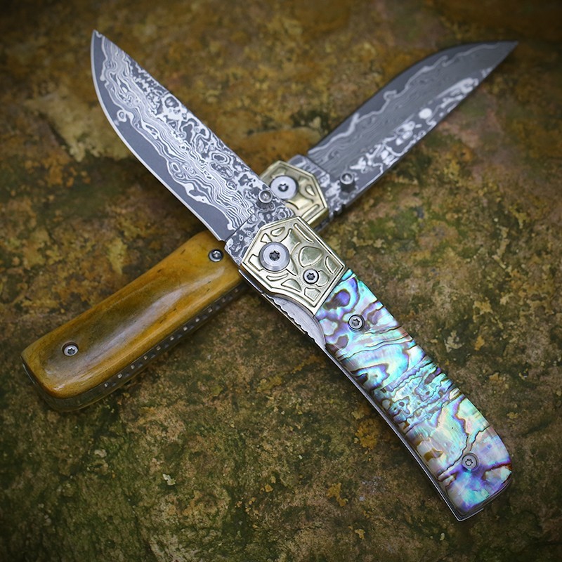 Nature Yellow Bone Handle Hand Custom Made Damascus Steel Blade Pocket Knife