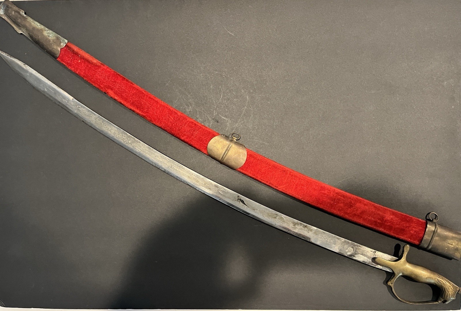 Vintage Sword Made in India Persian Red Velvet Sheath 30”Blade Antique Rare