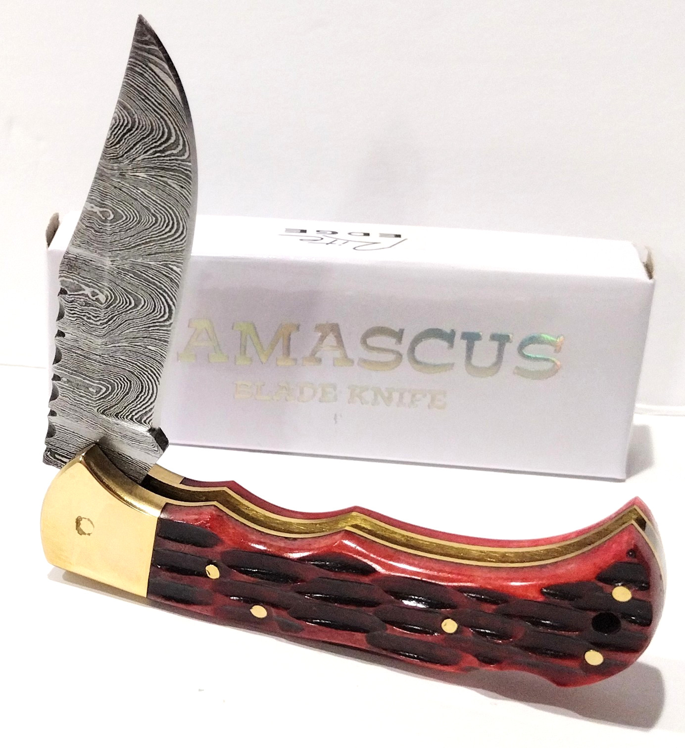 RITE-EDGE Red Jigged Bone Damascus Steel Clip Point Locback Folding Pocket Knife