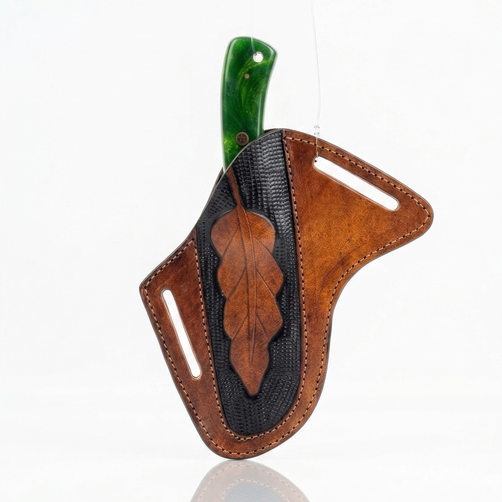 Handmade Two Tone Leather Pancake Sheath Oak Leaf Cross Draw Fits 4-5 inch Blade