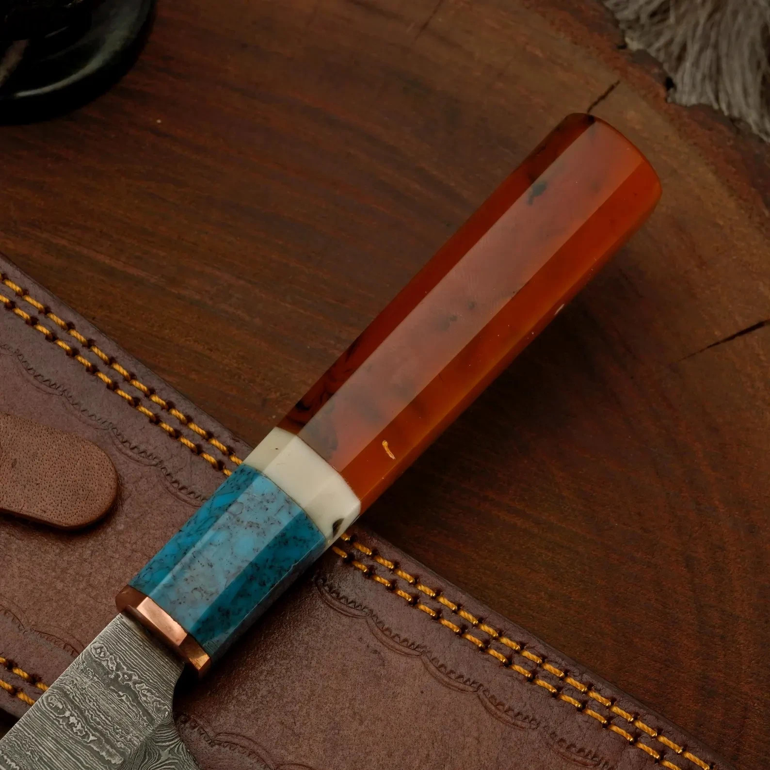 Custom Handmade Damascus Steel Copper San mai Chef knife & Leather Sheath