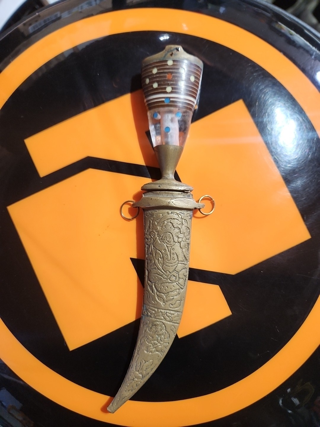 Damascene Vintage Dagger Wood And Brass Authentic