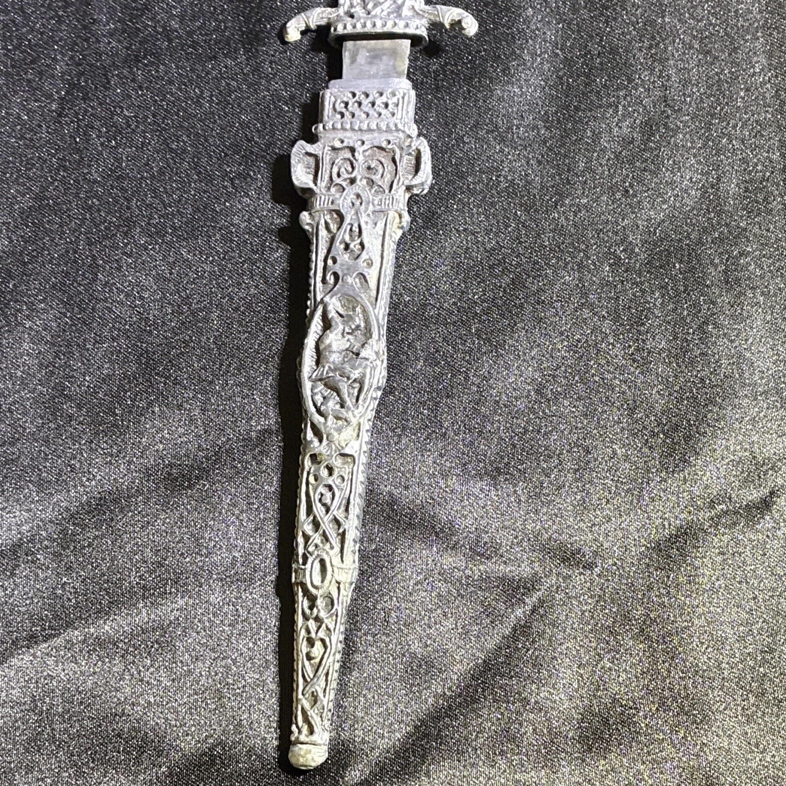 Silver Tone Ornate Decorative Dagger w/ Sheath, Double Edge Metal Blade
