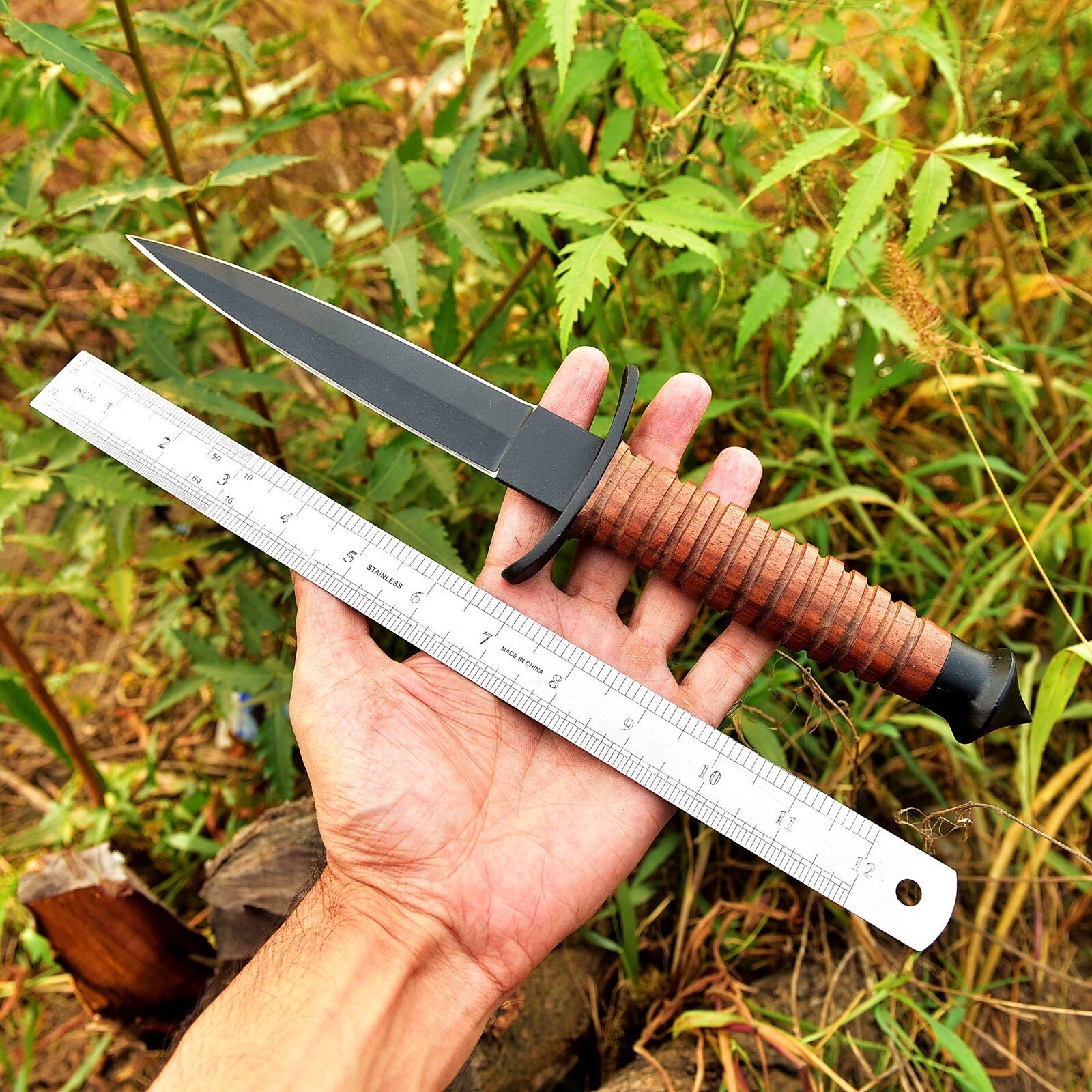 Vintage Handmade Double-Edged V42 Military Stacked Wood Stiletto Dagger Knife