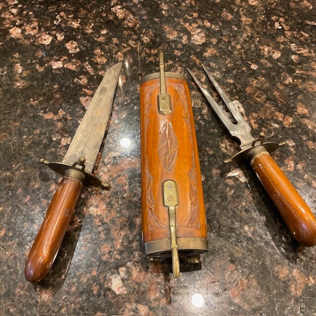 Vtg Decorative Knife & Fork Set In Wooden Hand Carved & Brass Casing India