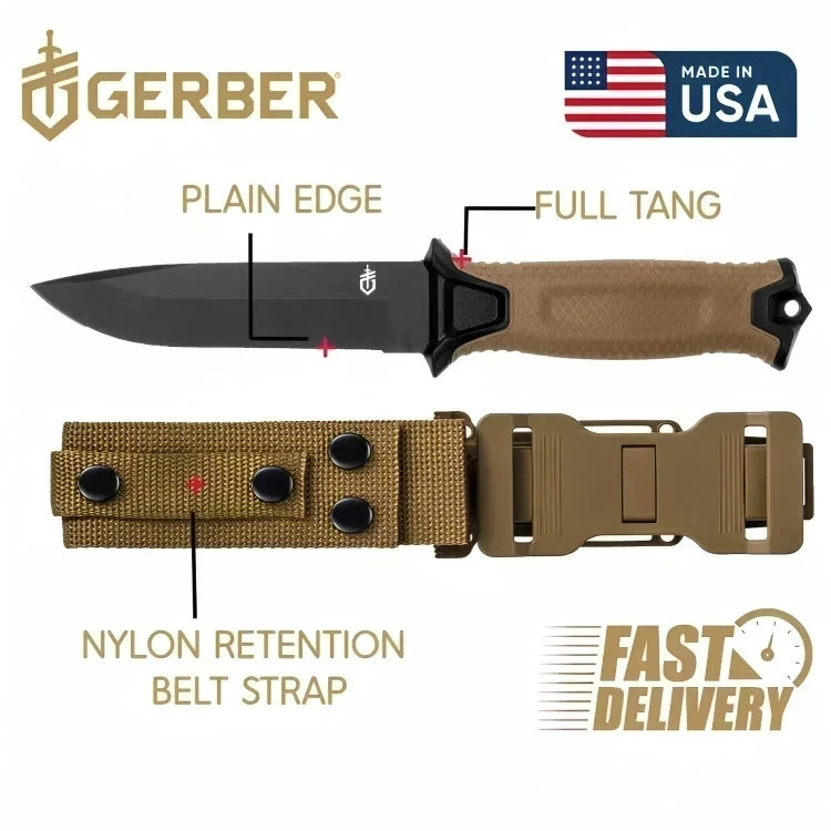 Gerber StrongArm – Fixed Blade, Full Tang Knife – Brown, Plain Edge