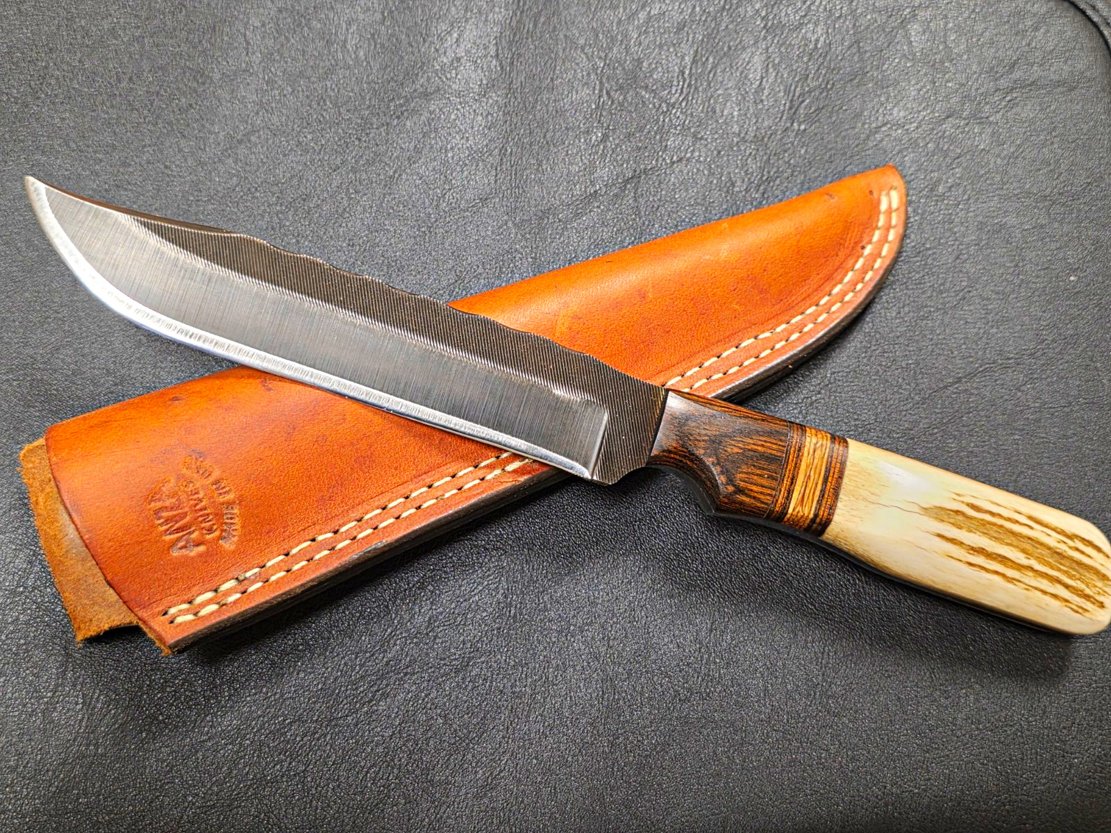 Anza Knives, Blued File Steel, Elk Handle, 5.5″ Clip Point, File Work, Unused