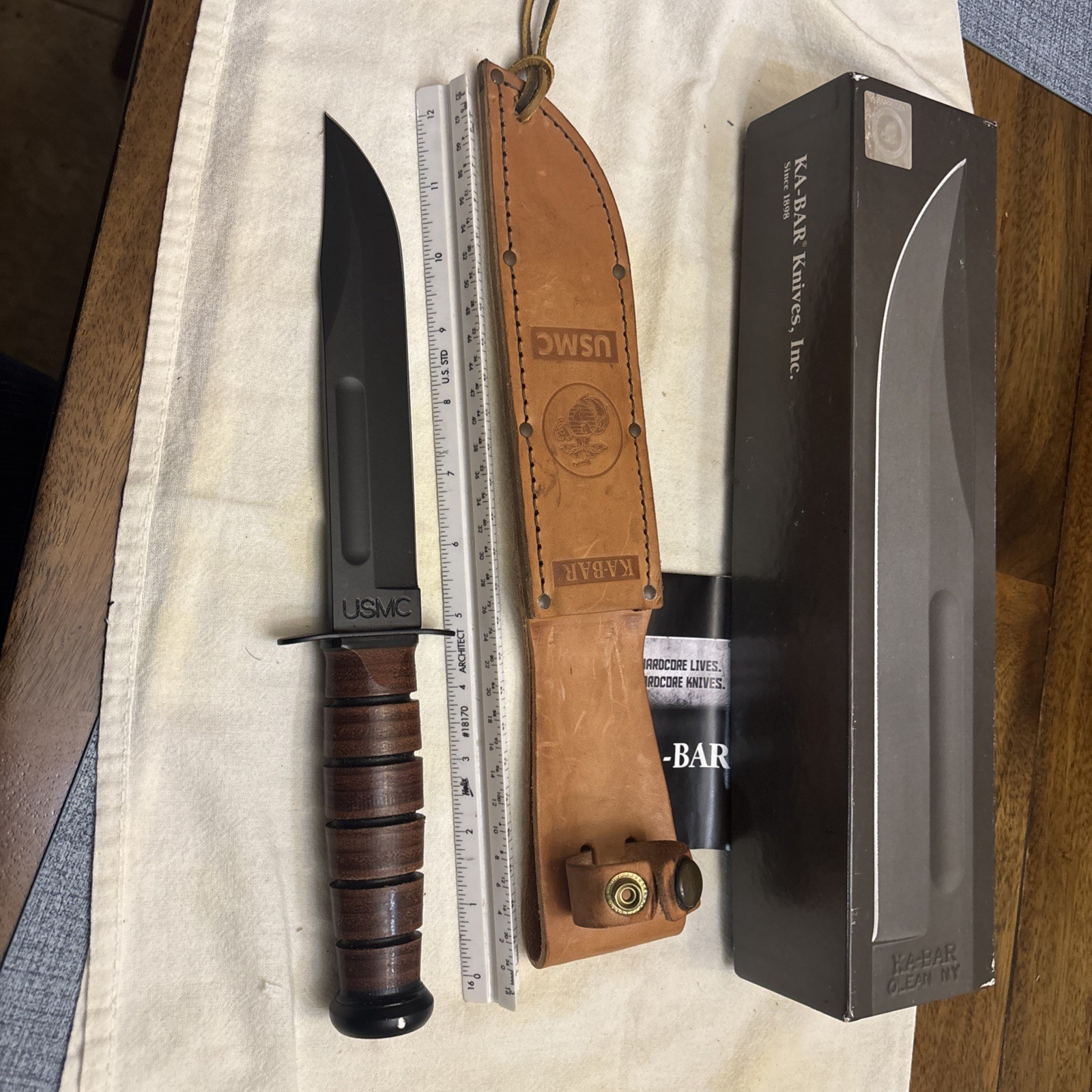 KaBar 1217 Fighting/Utility Knife USMC Leather Sheath Straight Edge
