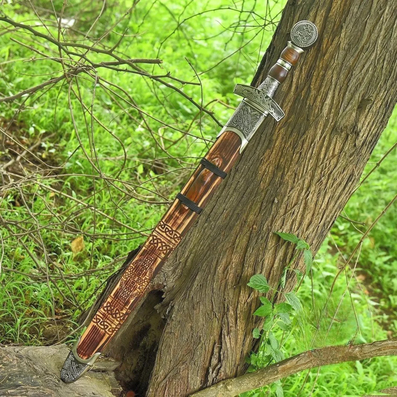 Hand-Forged Stainless Steel Viking Sword — Norse Longsword w/ Wooden Scabbard g
