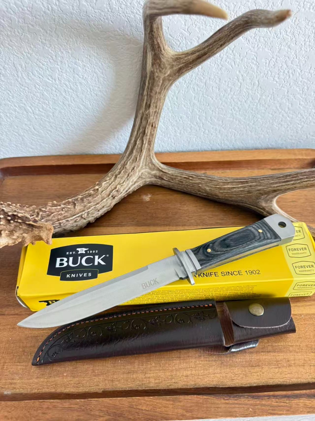 Buck Fixed Blade Hunting Knife Black Wood Handle Leather Sheath New Box