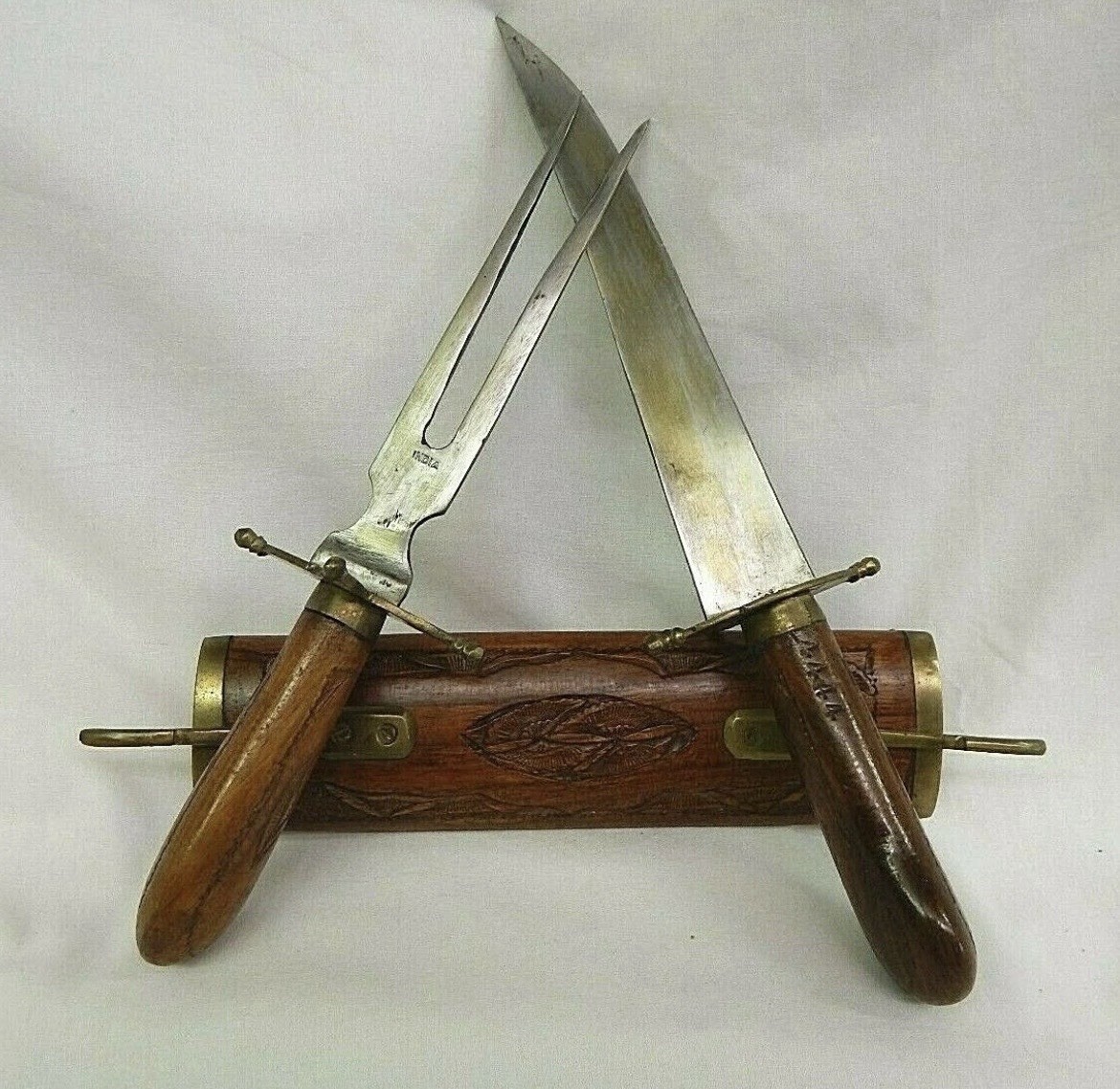 Antique Vintage Brass & Hand Carved Wood Sheath Carving Knife and Fork Set India