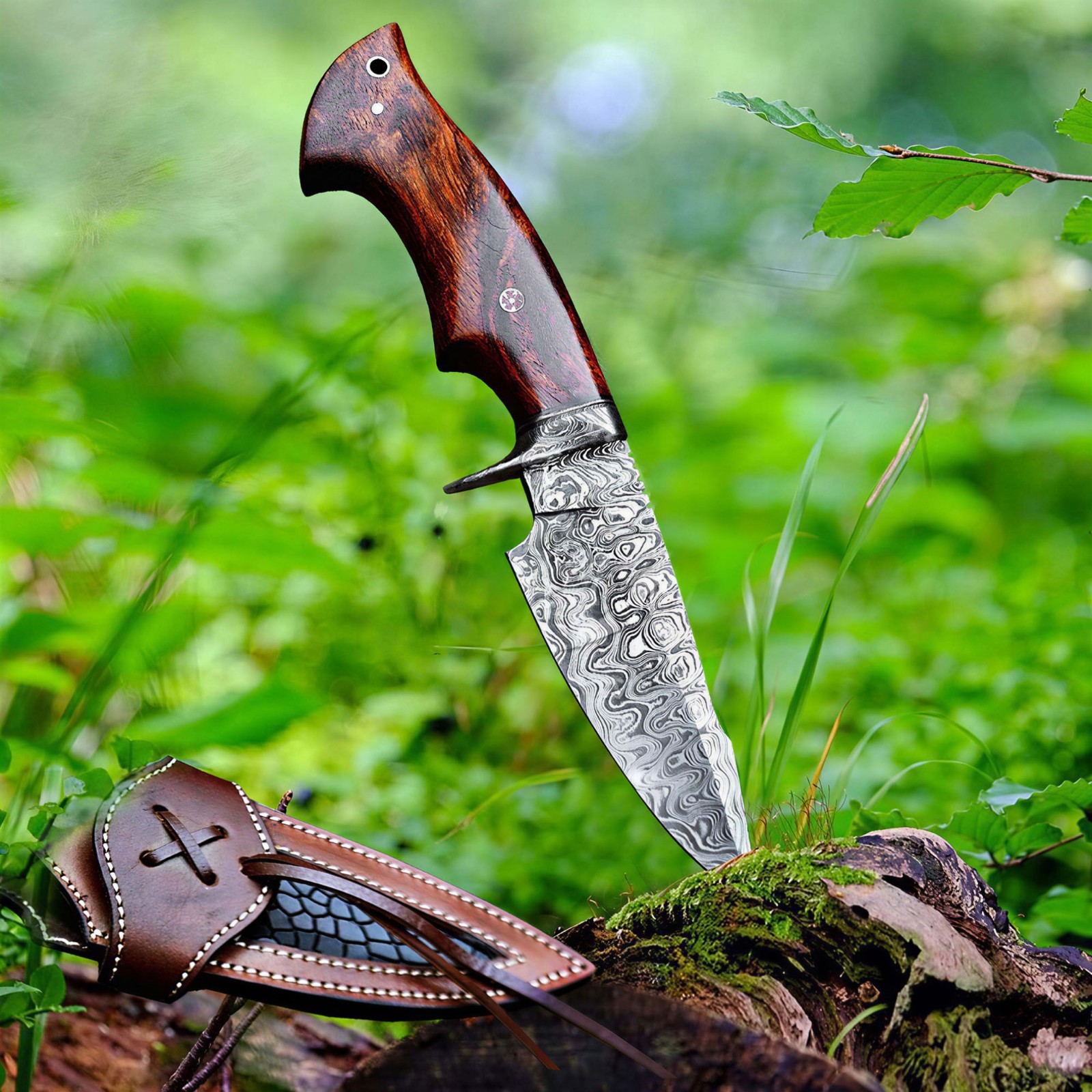 Damascus Steel Bobcat Hunting Knife, Handmade Fixed Blade Camping Outdoor Knife