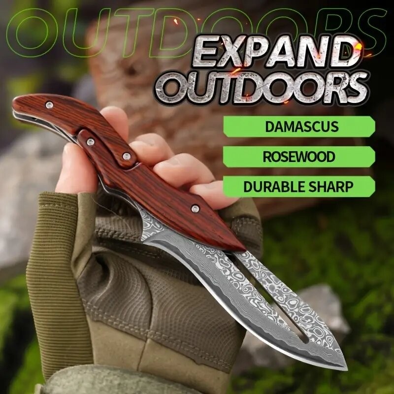 Damascus Deployable Folding Knife, Outdoor Pocket Jungle Hunting Knife