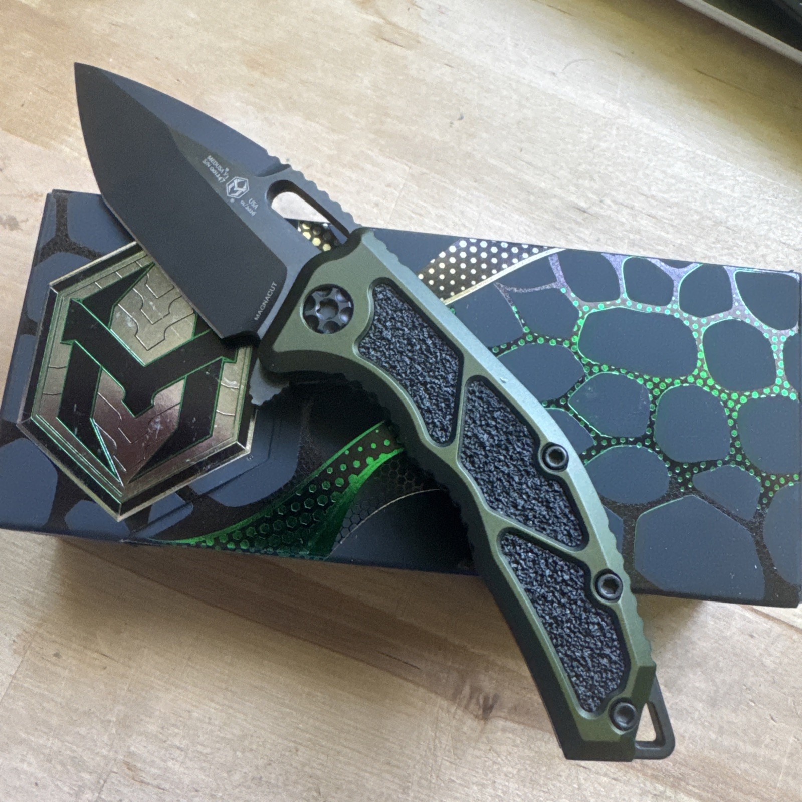 Heretic Knives Medusa Tanto DLC Magnacut Steel OD Green Framelock Made in USA