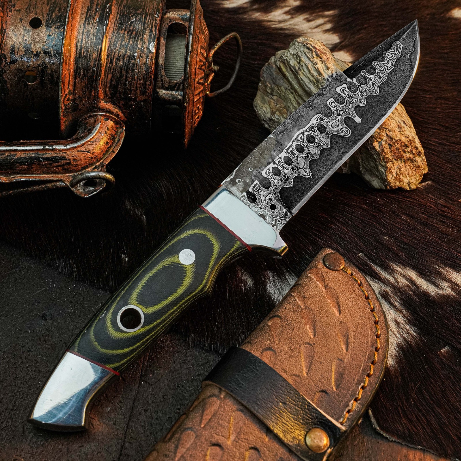 8.8″ Clip Point Knife Damascus Steel Hunting EDC Full Tang Blade Micarta Handle