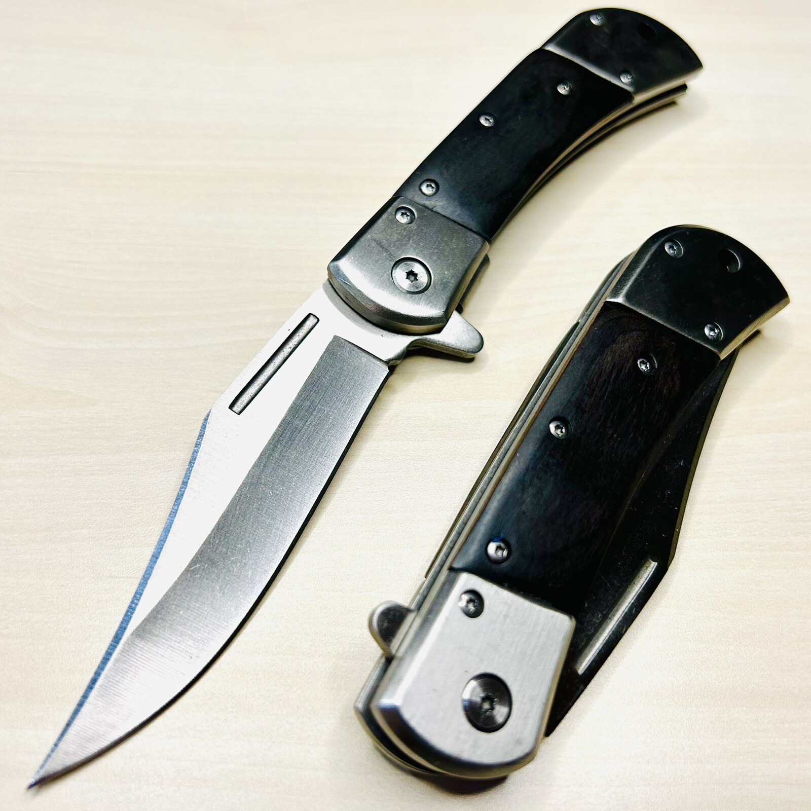 8.75”Black Wood Tactical Spring Assisted Open Blade Folding Pocket Knife Hunting
