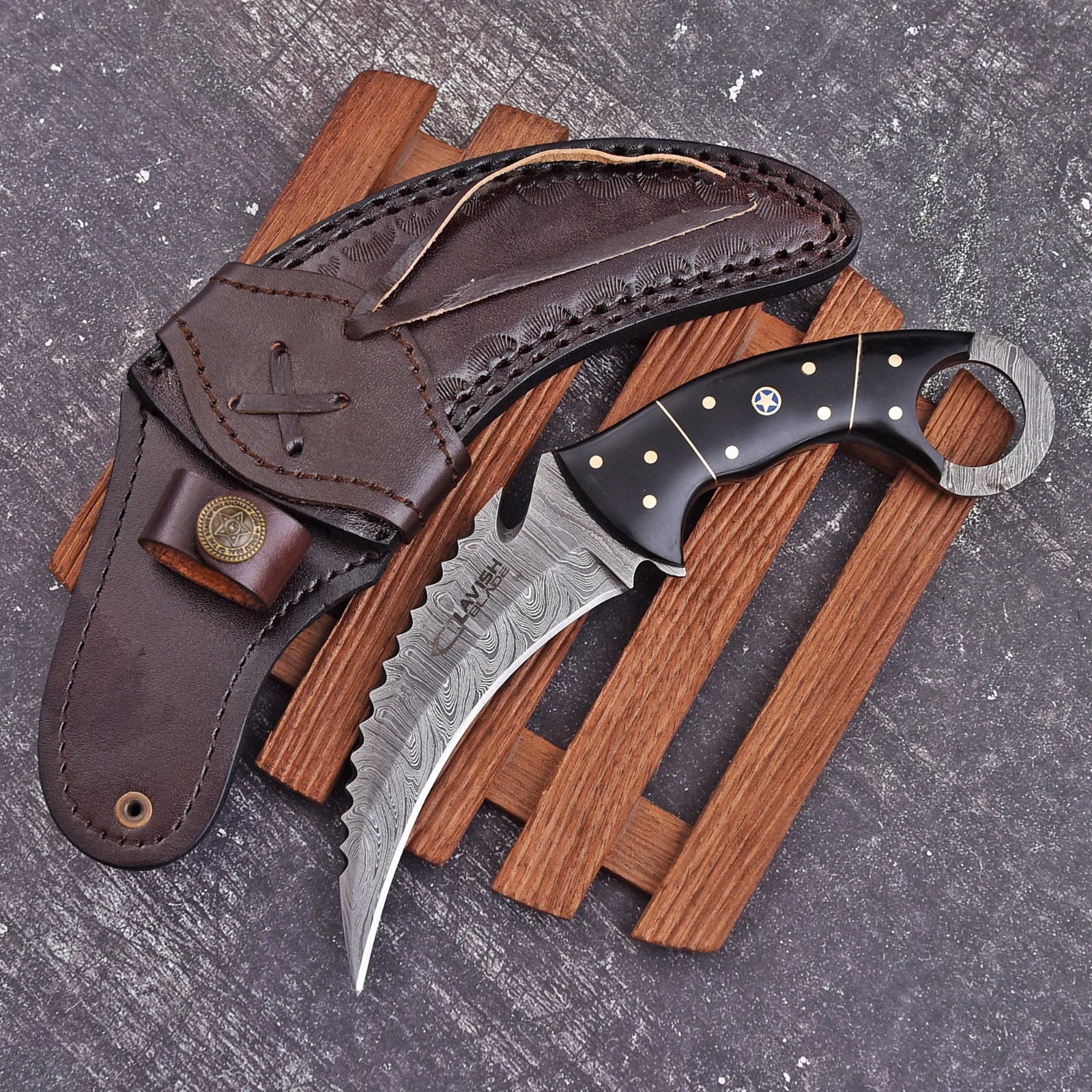 Handcrafted Damascus Karambit Knife Black Wood Hunting Survival Custom Sheath