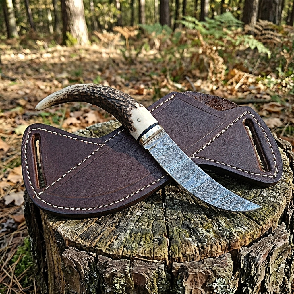 8 in Handmade Damascus Steel Hunting Skinner Knife Stag Handle Cross Draw Sheath