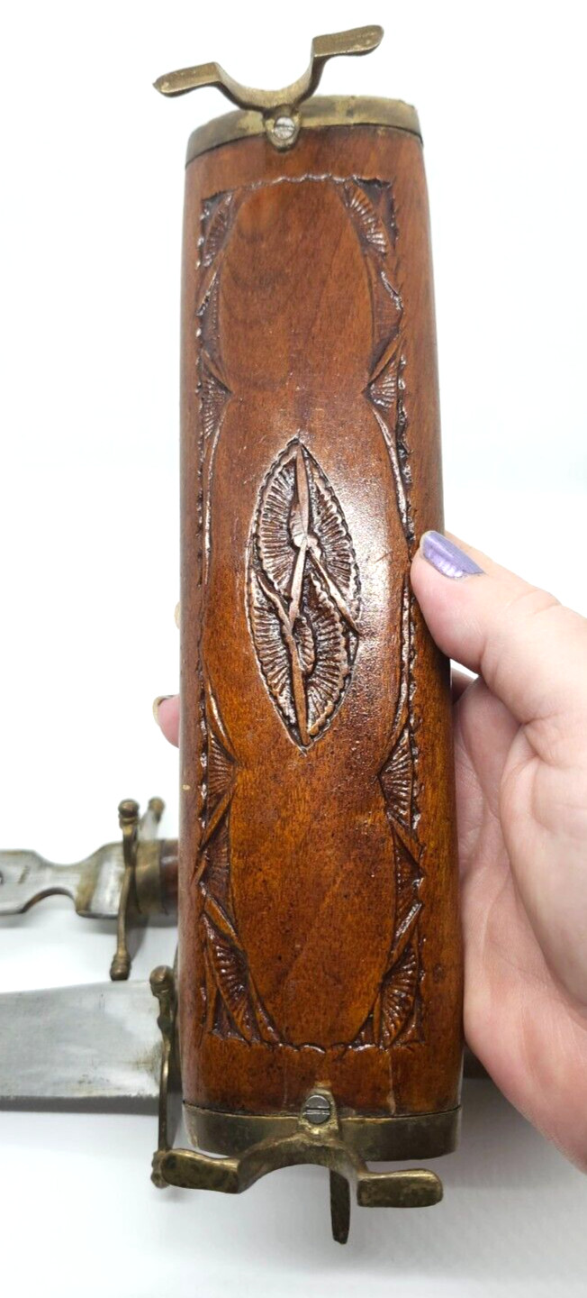 Decorative Knife Carving Set In Wooden Hand Carved & Brass Casing VTG India