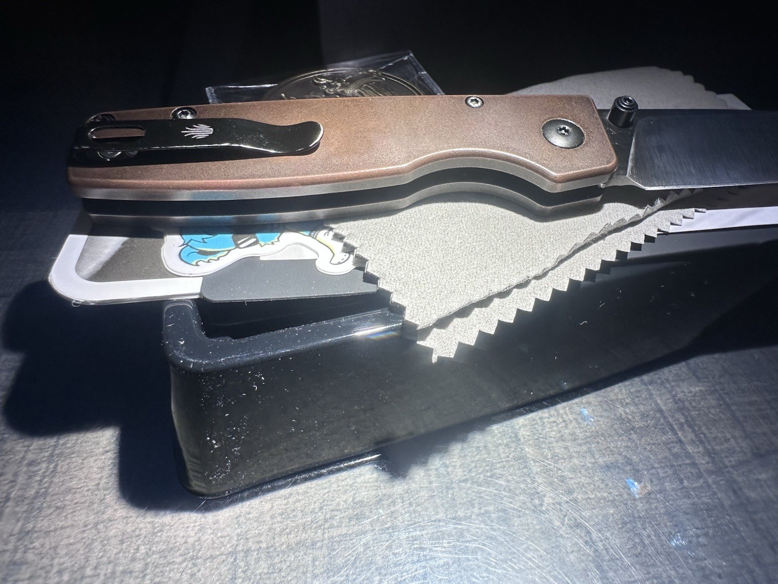 Kizer Original Copper 154CM Satin Blade Copper Handle Button Lock