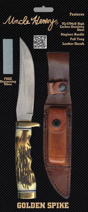 9 1/2″ Schrade Uncle Henry Golden Spike Knife w/Sheath, Stone & Staglon Handle