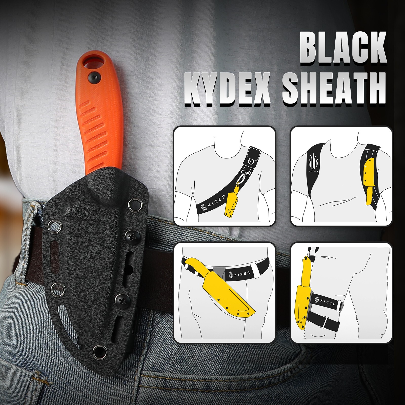 Kizer Hare Clip point Fixed Knife D2 Steel Orange G10 Handle with Sheath 1077A1