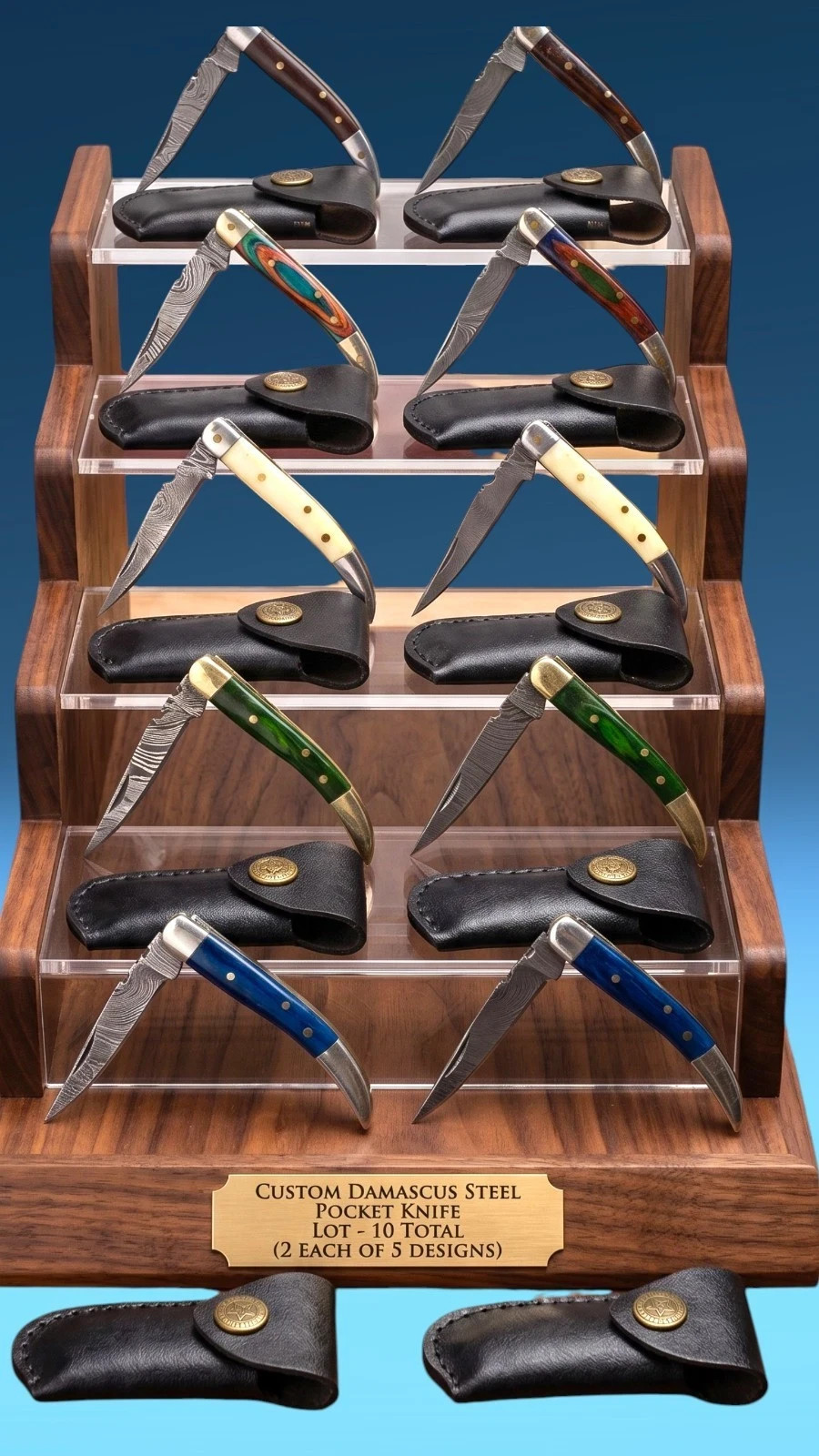 10x Damascus Folding Knife Lot Custom Pocket Knives Bone Wood Handle with Sheath