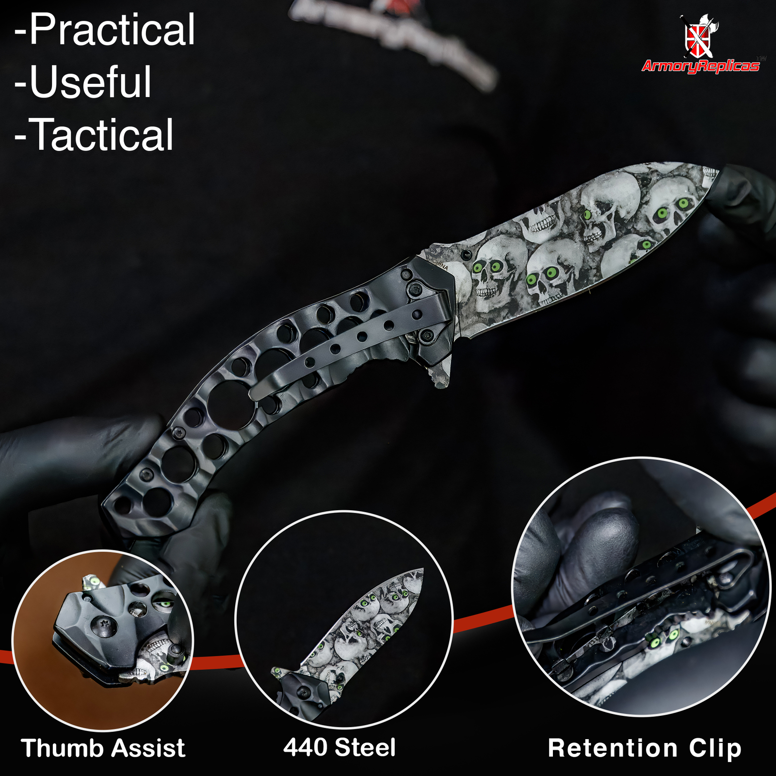 8.25″ Skull Manual Force Stainless Steel Spring Assist Folding Knife,Black Blade
