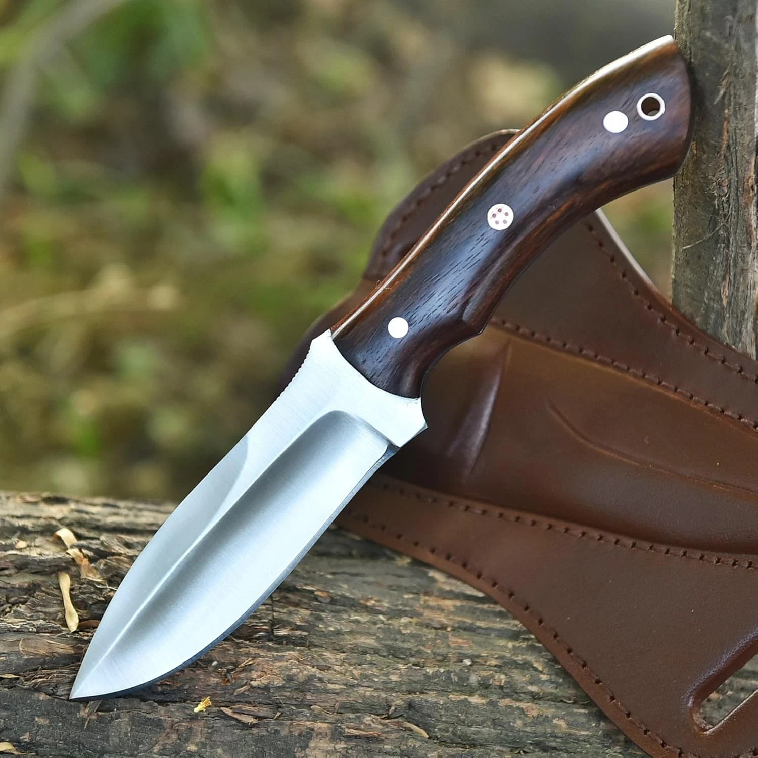 9″ Fixed Blade Hunting Knife Full Tang Rosewood Handle Bushcraft w/ Scout Sheath