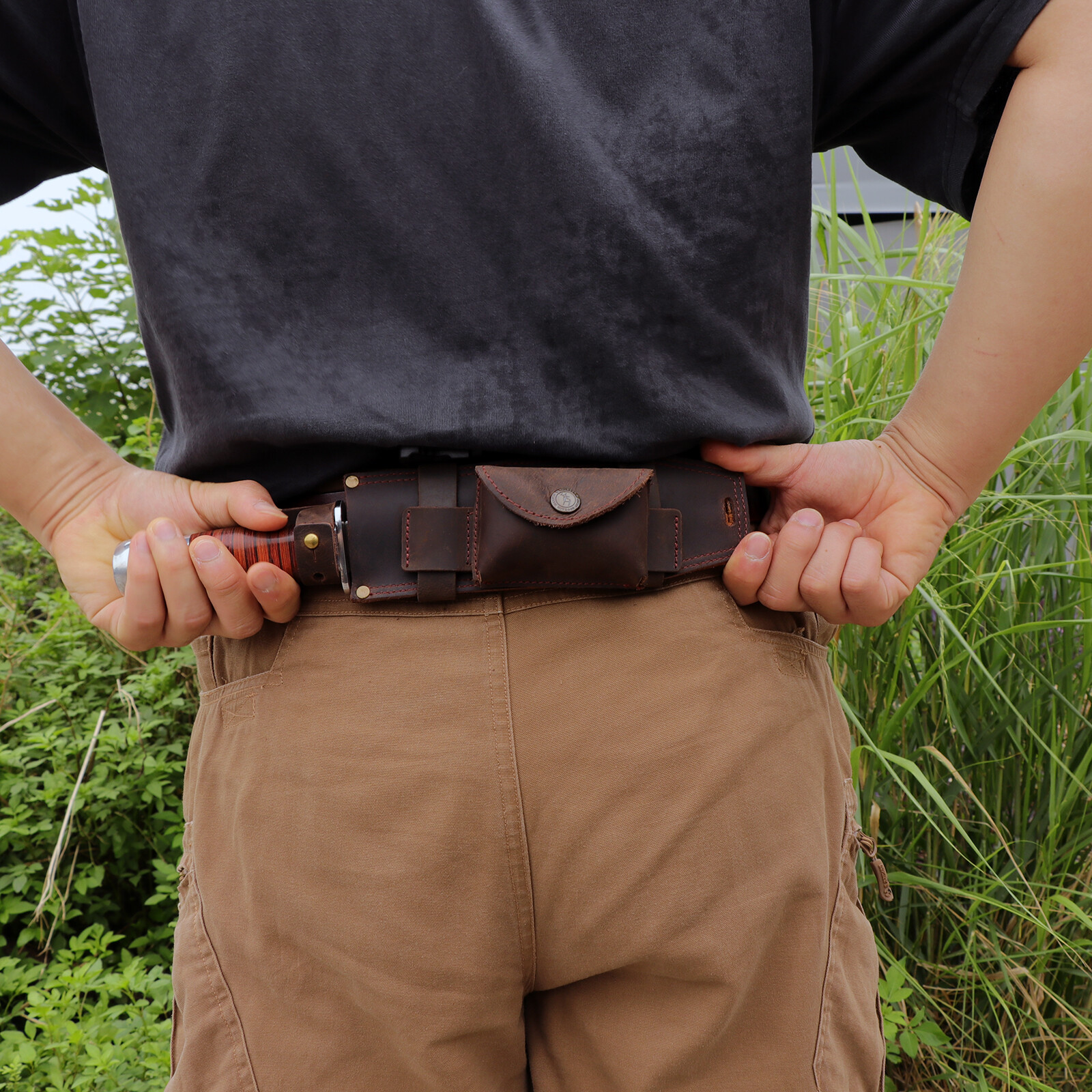 TOURBON Survival Leather Tracker Knife Sheath Horizontal Belt Holster with Pouch