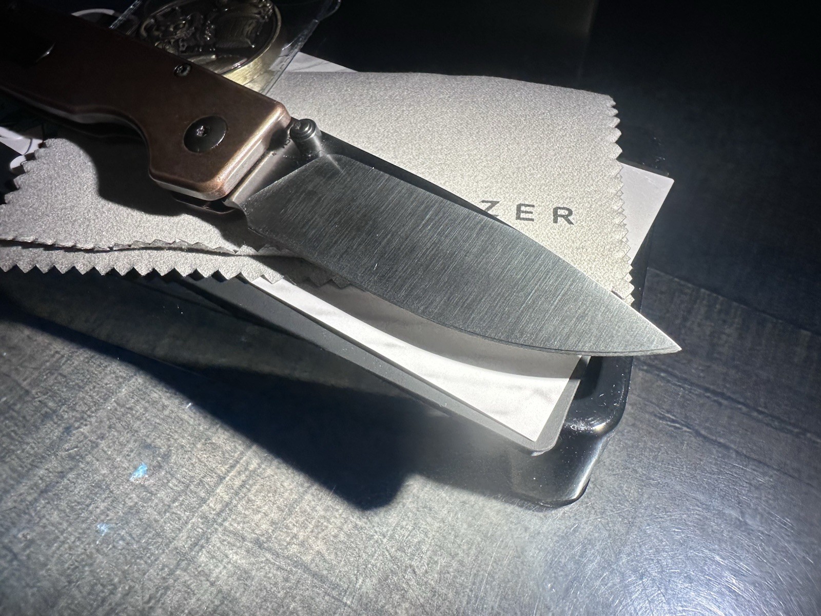 Kizer Original Copper 154CM Satin Blade Copper Handle Button Lock