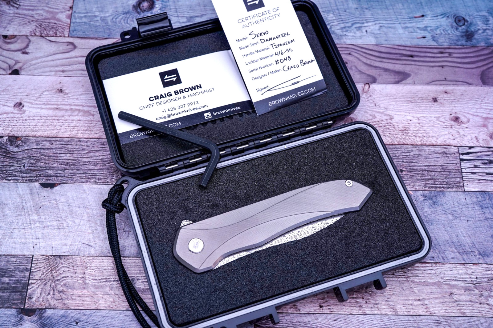 Brown Knives Servo, Damasteel Blade, Milled Ti Handle Scales, #048, Craig Brown