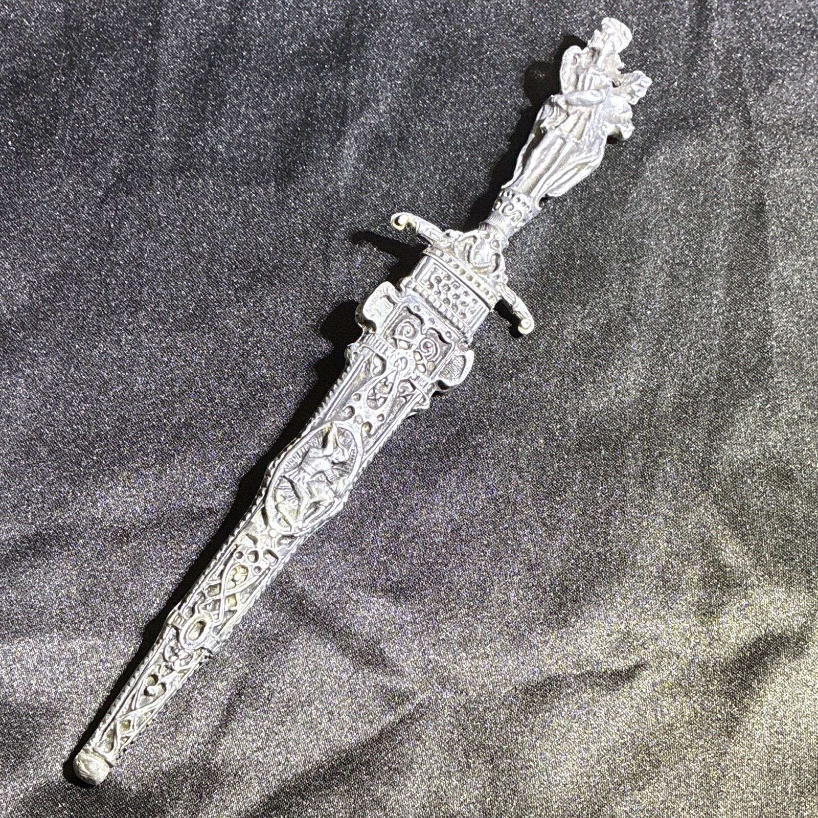 Silver Tone Ornate Decorative Dagger w/ Sheath, Double Edge Metal Blade