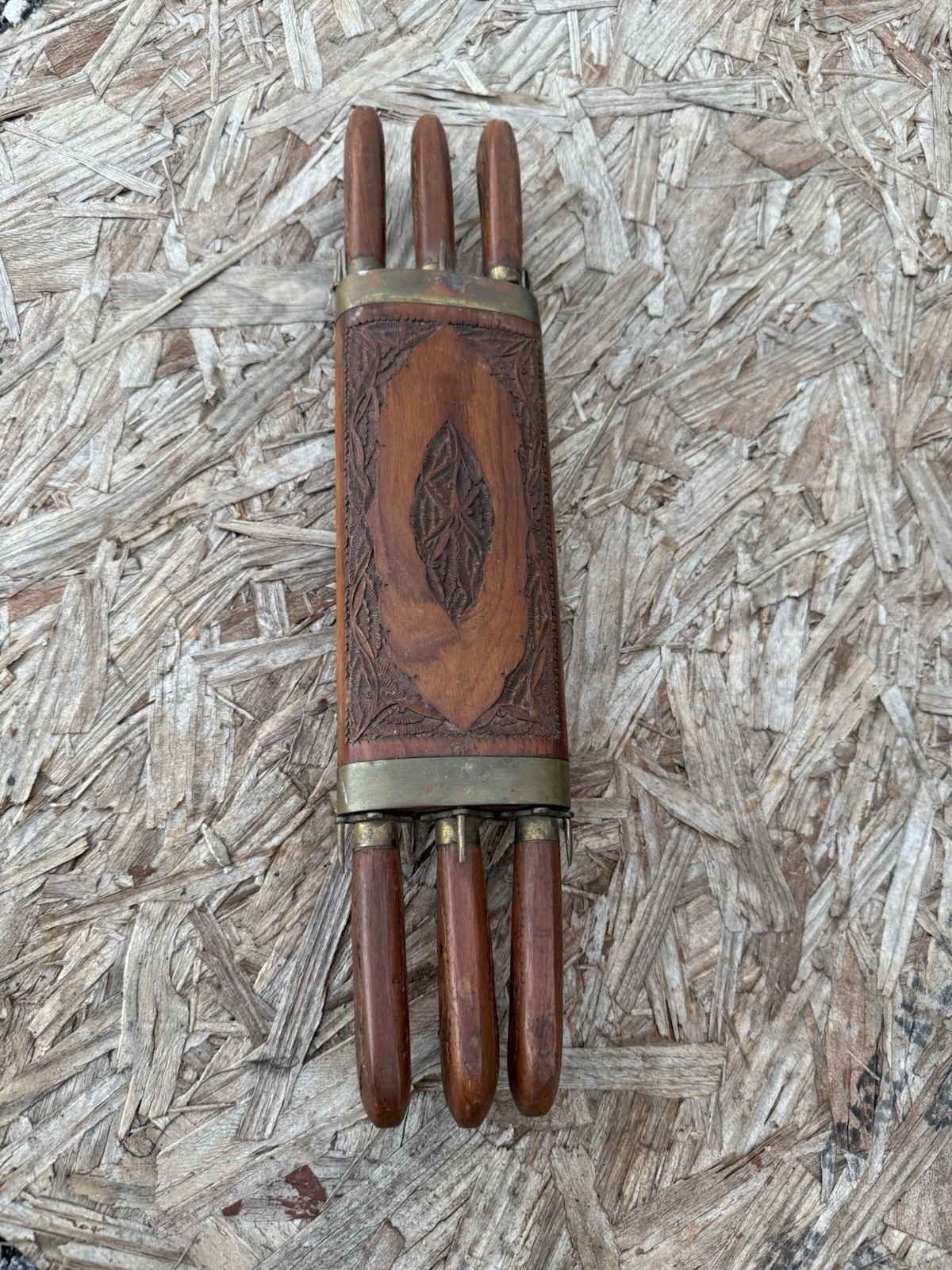 Vintage Ornate Brass And Wood Hand Crafted Knife Block 6 Knifes Made In India