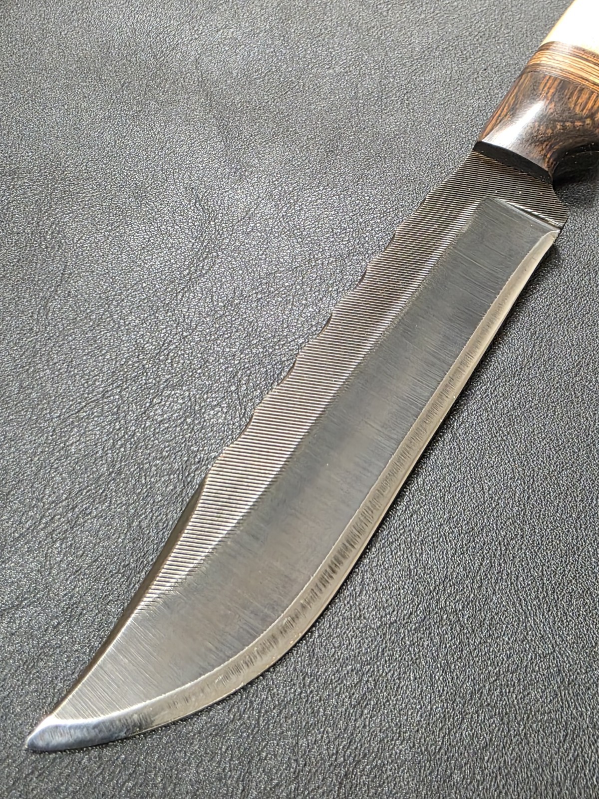 Anza Knives, Blued File Steel, Elk Handle, 5.5″ Clip Point, File Work, Unused